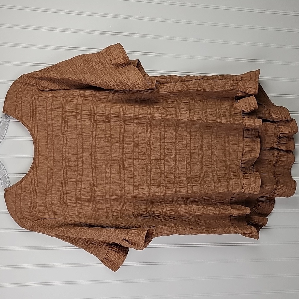 Textured Ruffle Hem Tunic Top Brown 1XL